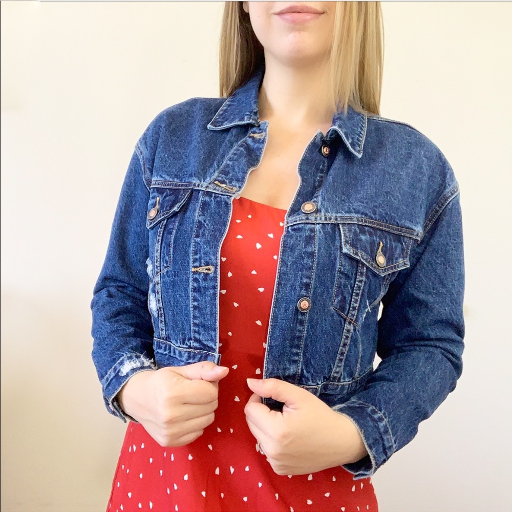 Cropped Button Down Dark Denim Jacket